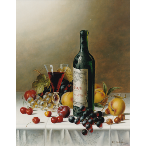 Still Life with Ch. Petrus and Fruit on a Tablecloth